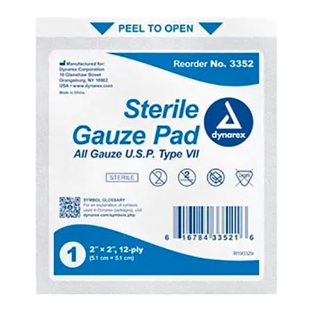 Dynarex Dynarex Gauze Pad, Sterile, 2inL x 2inW, 12 Ply, 2400 Pcs 3352